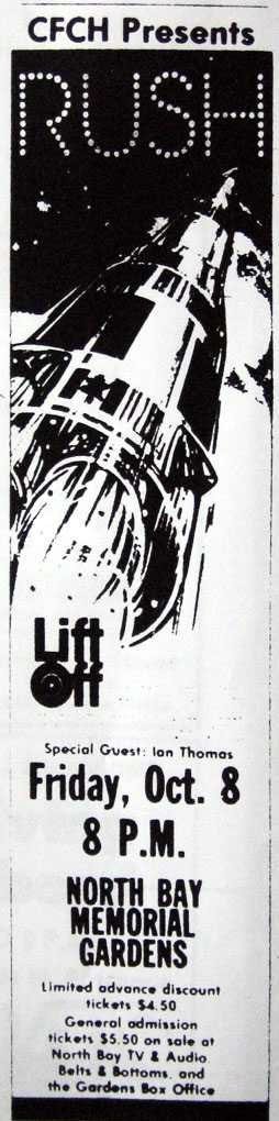 RushHistory2112's tweet image. On October 8, 1976, Rush played with Ian Thomas in North Bay, Ontario, Canada 🇨🇦 for the All the World's a Stage tour.