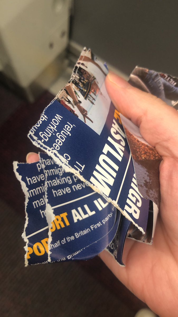Hi Britain First, Just letting you know that I walked the entire length of my train home finding all of your leaflets so I could rip them up. You aren’t patriots. You don’t represent British values. You’re just racist fucks.