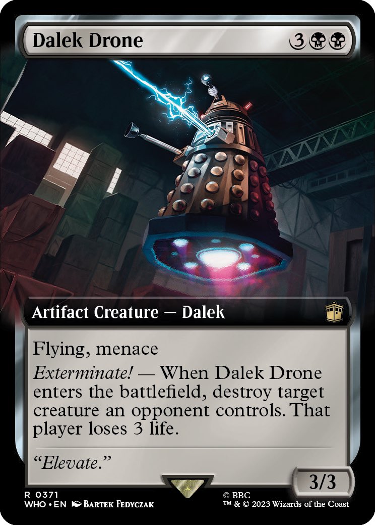Kesswylie's tweet photo. These Official preview cards are very cool. And I am super thankful for Wizards giving me 2 preview cards. But also please feel free to bully the Dalek. They absolutely deserve it #mtgxwho https://t.co/6XHd7tifDz