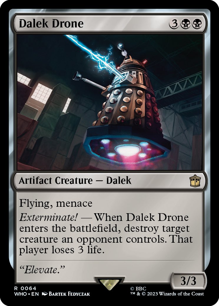 Kesswylie's tweet photo. These Official preview cards are very cool. And I am super thankful for Wizards giving me 2 preview cards. But also please feel free to bully the Dalek. They absolutely deserve it #mtgxwho https://t.co/6XHd7tifDz
