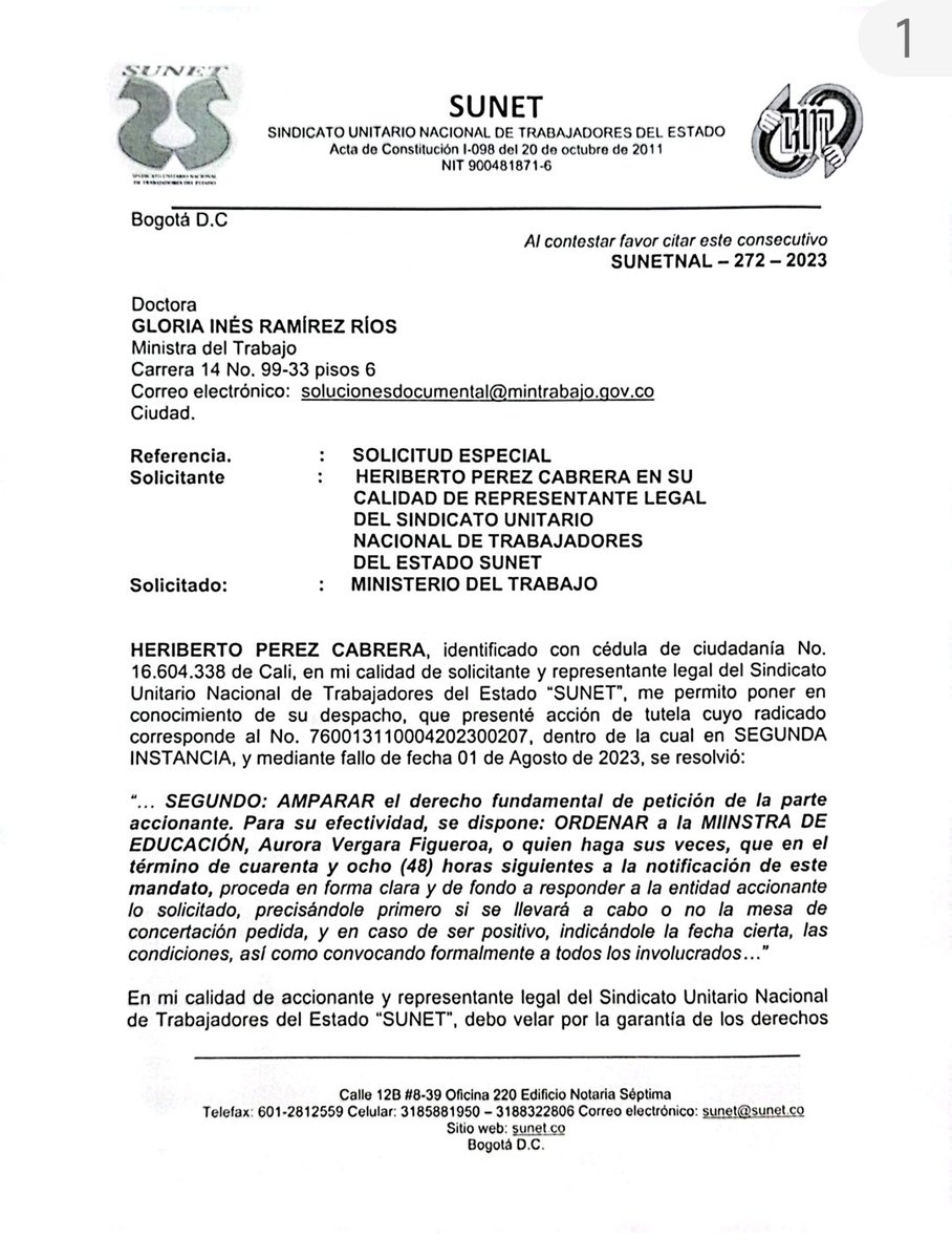 sunetcolofc's tweet photo. @sunetcolofc y @sunet_valle elevaron petición al @MintrabajoCol para que ordene a la ministra @AuroraVergaraF1 de @Mineducacion dar respuesta de fondo, a la petición de los trabajadores de Educación de Cali x el pago de primas extralegales y con ello levantar Conflicto Laboral https://t.co/3cjGrxrWTE
