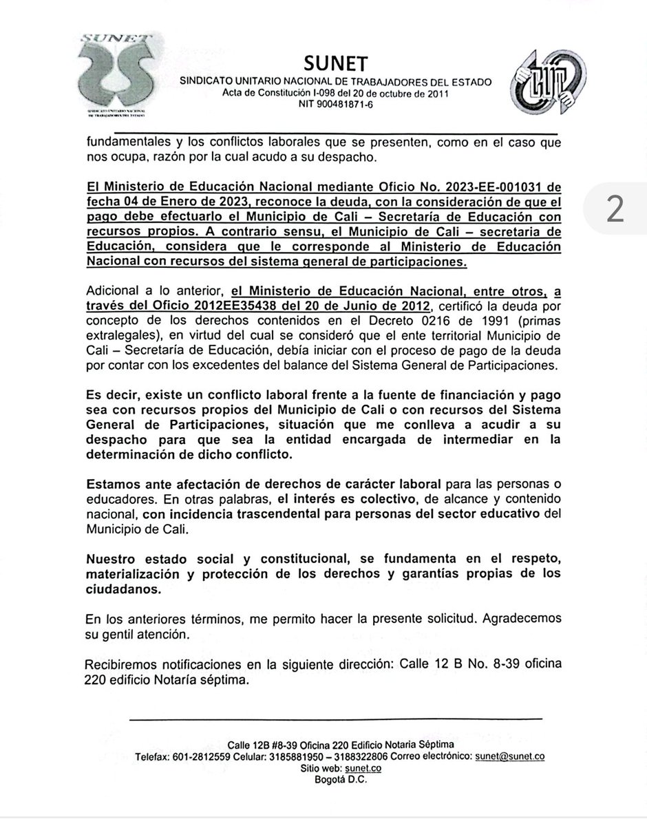 sunetcolofc's tweet photo. @sunetcolofc y @sunet_valle elevaron petición al @MintrabajoCol para que ordene a la ministra @AuroraVergaraF1 de @Mineducacion dar respuesta de fondo, a la petición de los trabajadores de Educación de Cali x el pago de primas extralegales y con ello levantar Conflicto Laboral https://t.co/3cjGrxrWTE