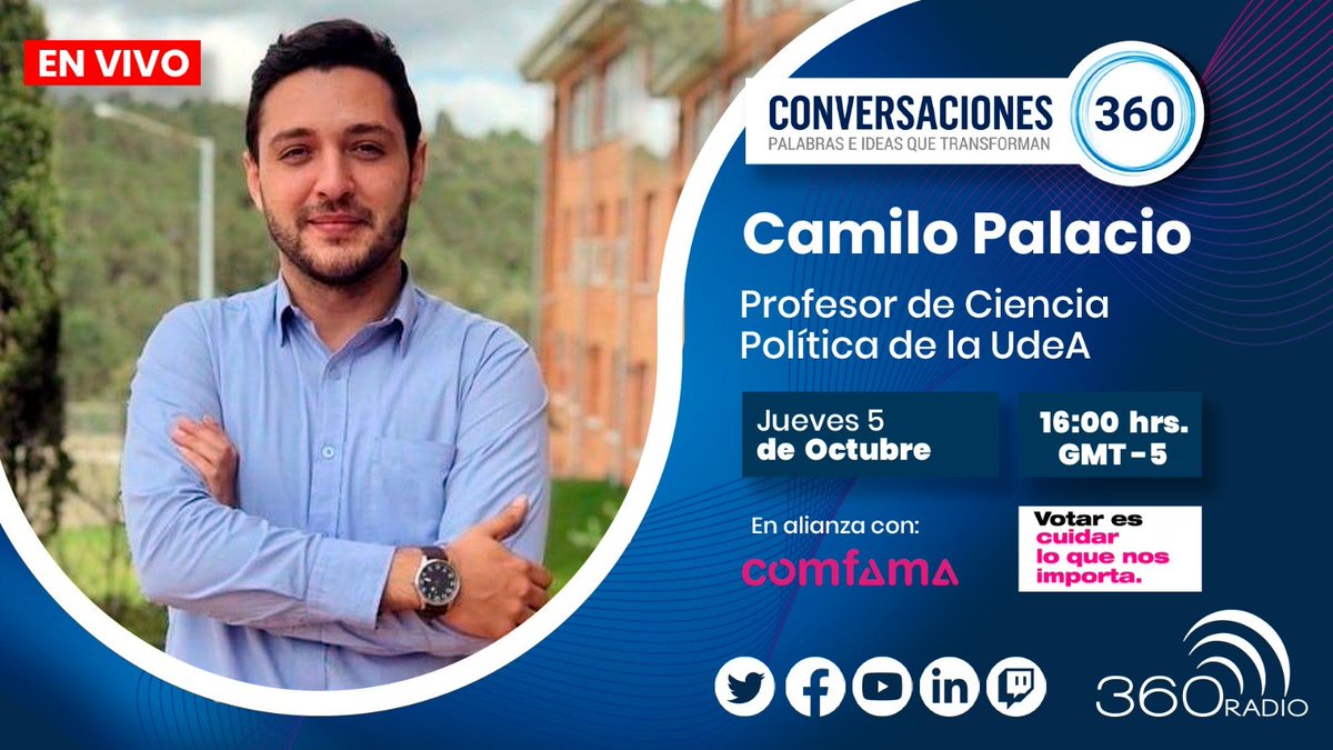 #VotarEsCuidar | 📌En el marco de la campaña de <a href="/Comfama/">Comfama</a> "Votar es Cuidar" estaremos en nuestro espacio Conversaciones 360 dialogando con <a href="/CamiloPalacioV/">Camilo Palacio</a> profesor de Ciencia Política de la <a href="/UdeA/">Universidad de Antioquia</a> hoy a las 4 pm.

👉Sintonícenos en VIVO en nuestras redes sociales.