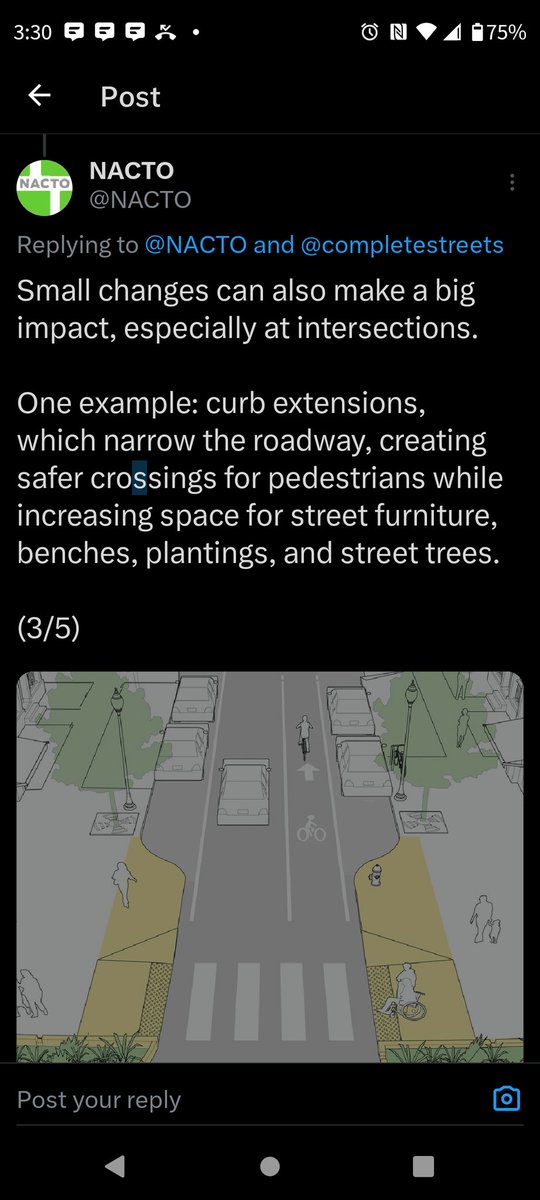 A curb extension in a parking lane does not make crossing the street safer because the cars that would be parked there are already blocking traffic. Urbanism spreads misinformation about safety, because it's not about safety: it's about getting rid of cars.<a href="/NACTO/">NACTO</a>