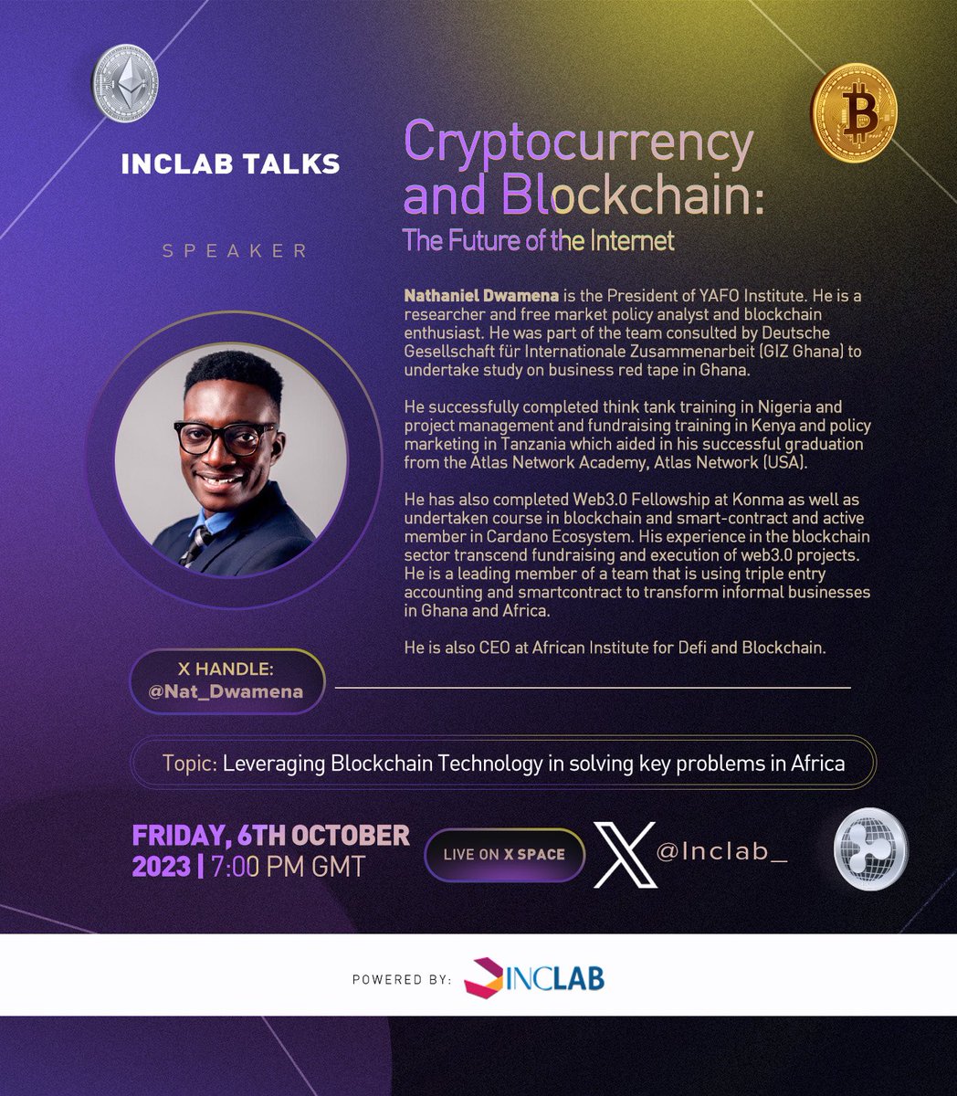 Tune is tomorrow as we bring to you #INCLABTalks ,blockchain and crypto edition with a focus on how we can leverage #blockchain tech to solve  key problems in Africa .

Organized by <a href="/Inclab_/">IncLab</a> ,we will have <a href="/CWEmbassy/">C W E </a> ,<a href="/TheCryptoGhana/">Crypto Ghana</a> and <a href="/Nat_Dwamena/">Nathaniel Dwamena</a> joining in as speakers.