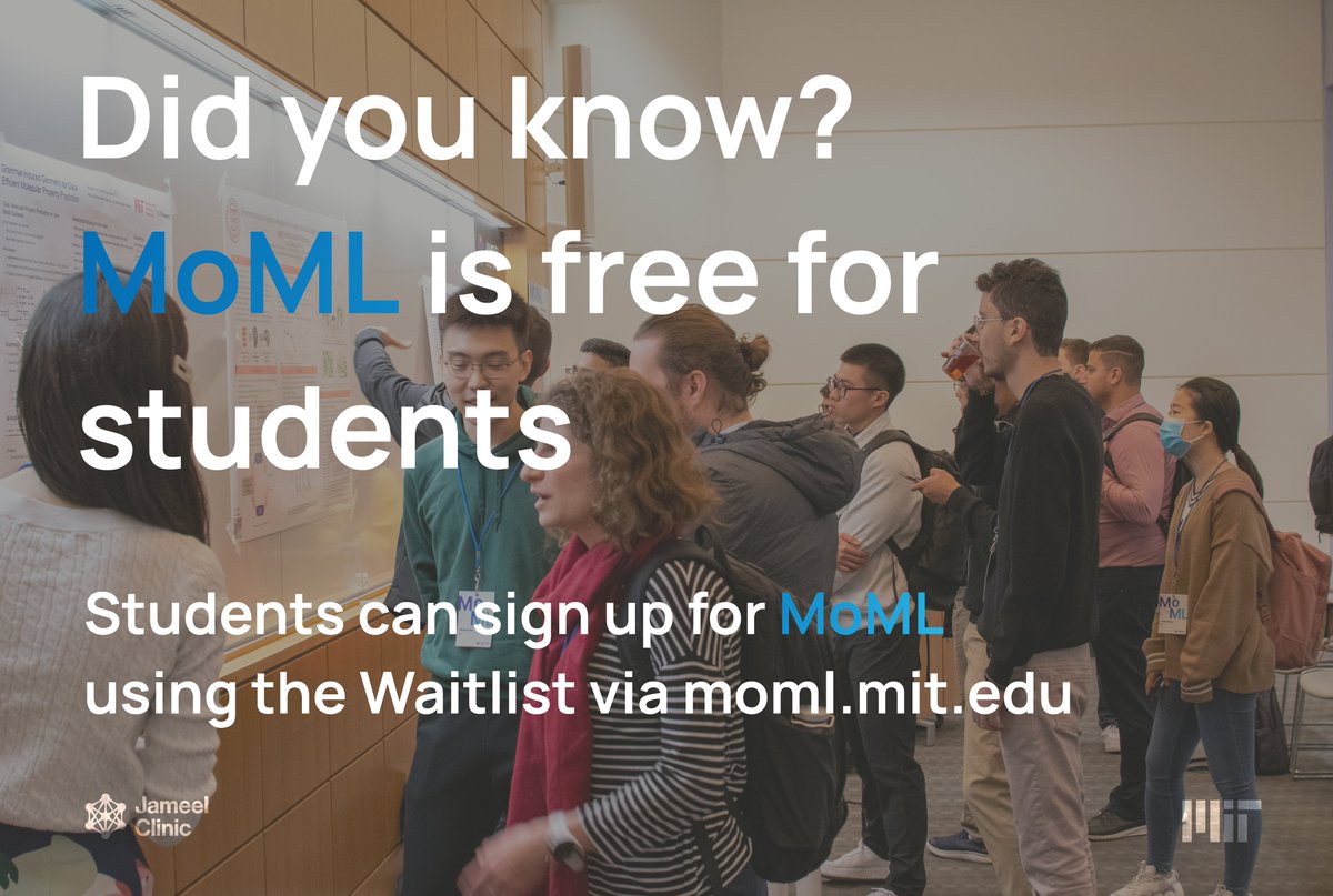 AIHealthMIT's tweet image. Are you a student interested in meeting and networking with like-minded researchers in molecular machine learning? Add yourself to the #MoML Waitlist or submit a paper to receive free admission to #MoML! Seating is limited so we encourage you to save your spot ASAP! ⚡️⚡️⚡️