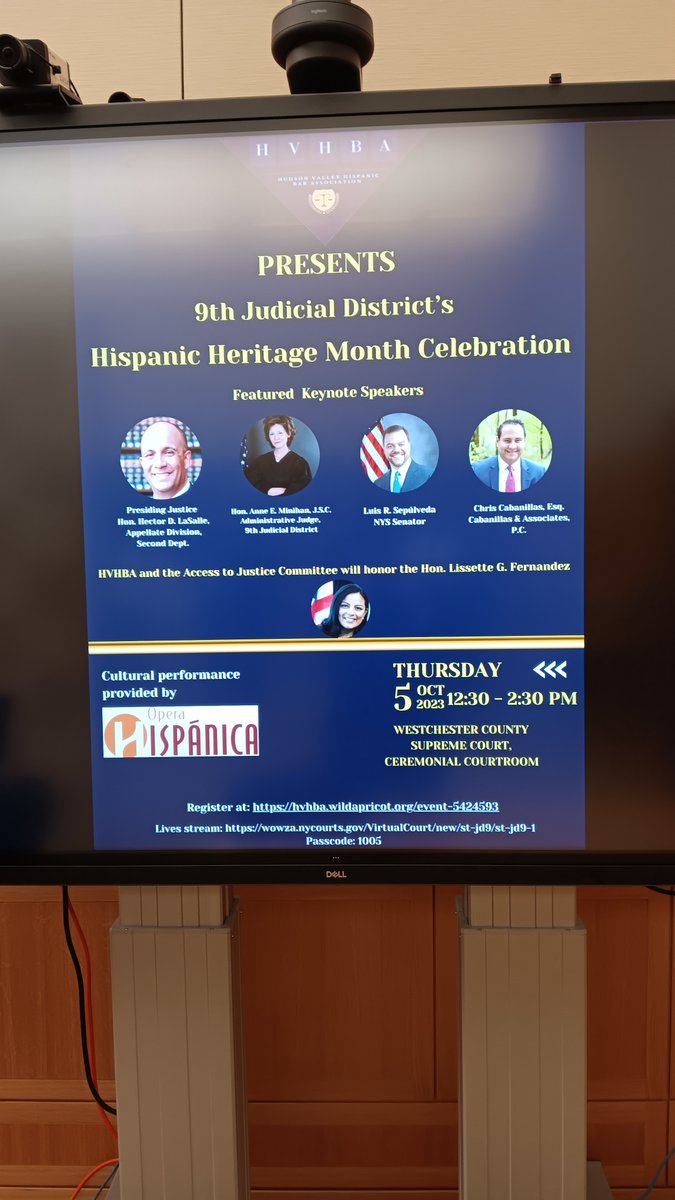 MaricellyVD's tweet photo. It was nice to attend a lively Hispanic Heritage Month Celebration at the Westchester County Supreme Court ceremonial courtroom. Congratulations to Hon. Lissette G. Fernandez on your Access To Justice Award. #Hispanics #HHM #LatinoJudges #TheLaw #Accomplishments https://t.co/UaLFulmXMw