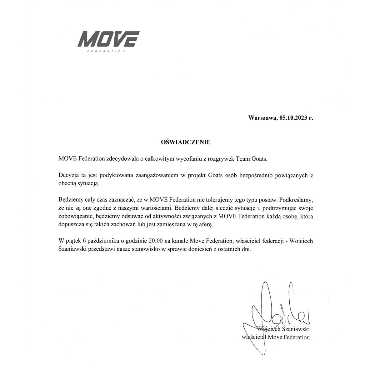 movefederation's tweet image. MOVE Federation zdecydowała o całkowitym wycofaniu z rozgrywek Team Goats.
 
Decyzja ta jest podyktowana zaangażowaniem w projekt Goats osób bezpośrednio powiązanych z obecną sytuacją.