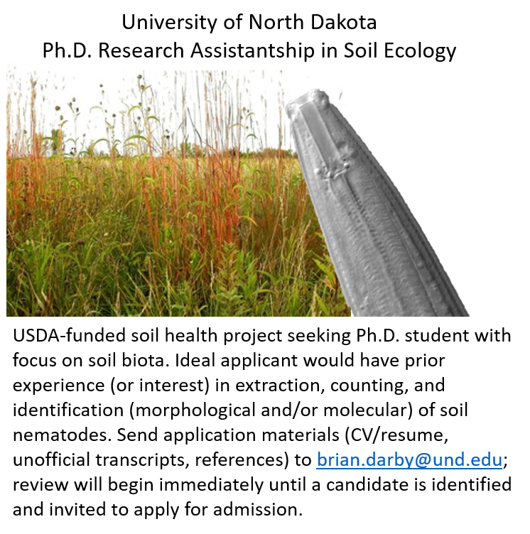 Any soon or recent graduates with experience in #nematodes looking for a funded grad program? We're looking for a PhD (or MS) student for #soil #nematode project. Apply now if for spring 2024 consideration. tinyurl.com/yckz4jbp.