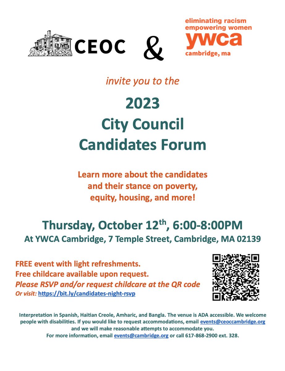 With election day right around the corner (Nov. 9), join @CEOCCambridge and <a href="/YWCACambMA/">YWCA Cambridge, MA</a> for a Candidates Forum to hear from City Council hopefuls on issues such as poverty, housing, and more. 

RSVP information below: