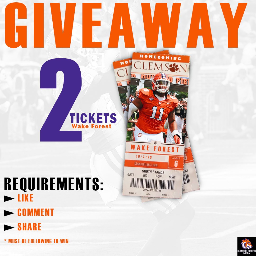 CUSportsMedia's tweet photo. Participate for a shot at winning two tickets to the upcoming Clemson homecoming game against Wake Forest this weekend! Contest concludes on Friday, October  6th at 6 PM #Clemson #ClemsonFootball https://t.co/e3marfJnzU