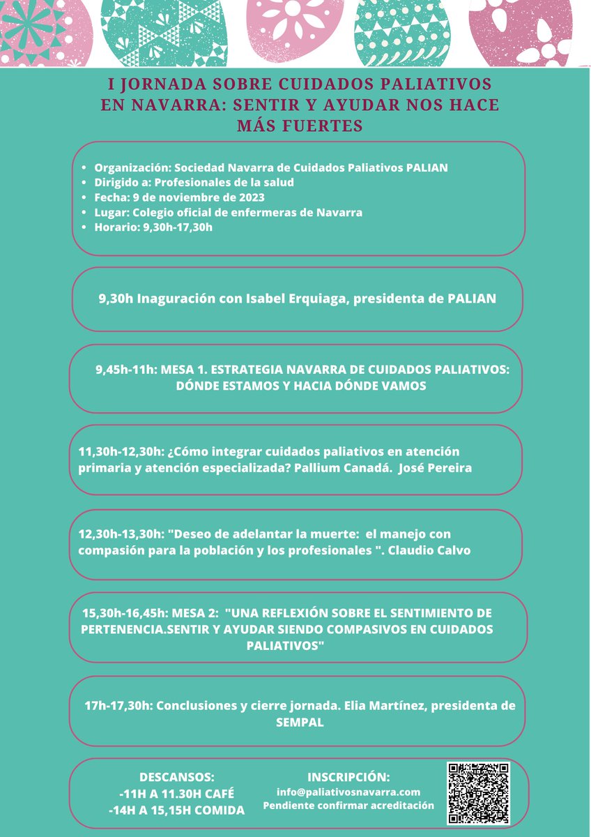 🔊🔊 Desde <a href="/PalianNavarra/">Palian Navarra</a> hemos organizado para todos los profesionales la "I JORNADA SOBRE CUIDADOS PALIATIVOS EN NAVARRA: SENTIR Y AYUDAR NOS HACE MÁS FUERTES"
🗓️ 9 de Noviembre de 9:30 - 17:30 hrs.
🏢 Colegio de Enfermería <a href="/Coenav/">Enfermeras navarras</a>
📝 Inscripciones: paliativosnavarra.com