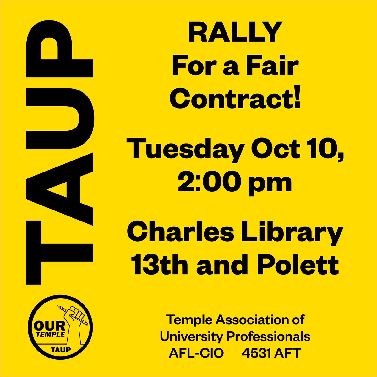 Our union siblings @taup - the union for faculty, librarians, and academic professionals - deserve a fair contract as they continue negotiations with the university. Let’s make sure Temple hears TAUP’s message loud and clear: equity, dignity & job security now! See you there!