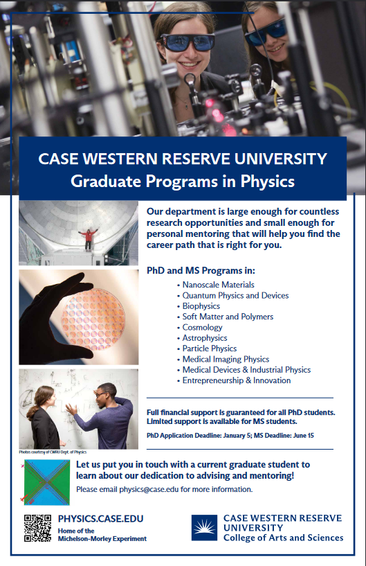 Lydia_Kisley's tweet photo. 📢📢📢Apply to our PhD &amp; MS programs in @PhysicsCWRU! 
❌💸NO application fee
❌📑NO GRE requirements
Research opportunities in:
⚛️🧑‍🔬Nanoscale/quantum materials
🦠🔬Biophysics/soft matter
🔭🛰️Cosmology/particle-astrophysics. 
Deadline January 5!
#physics #GradSchool #PhDposition https://t.co/AUhiRoNnUV