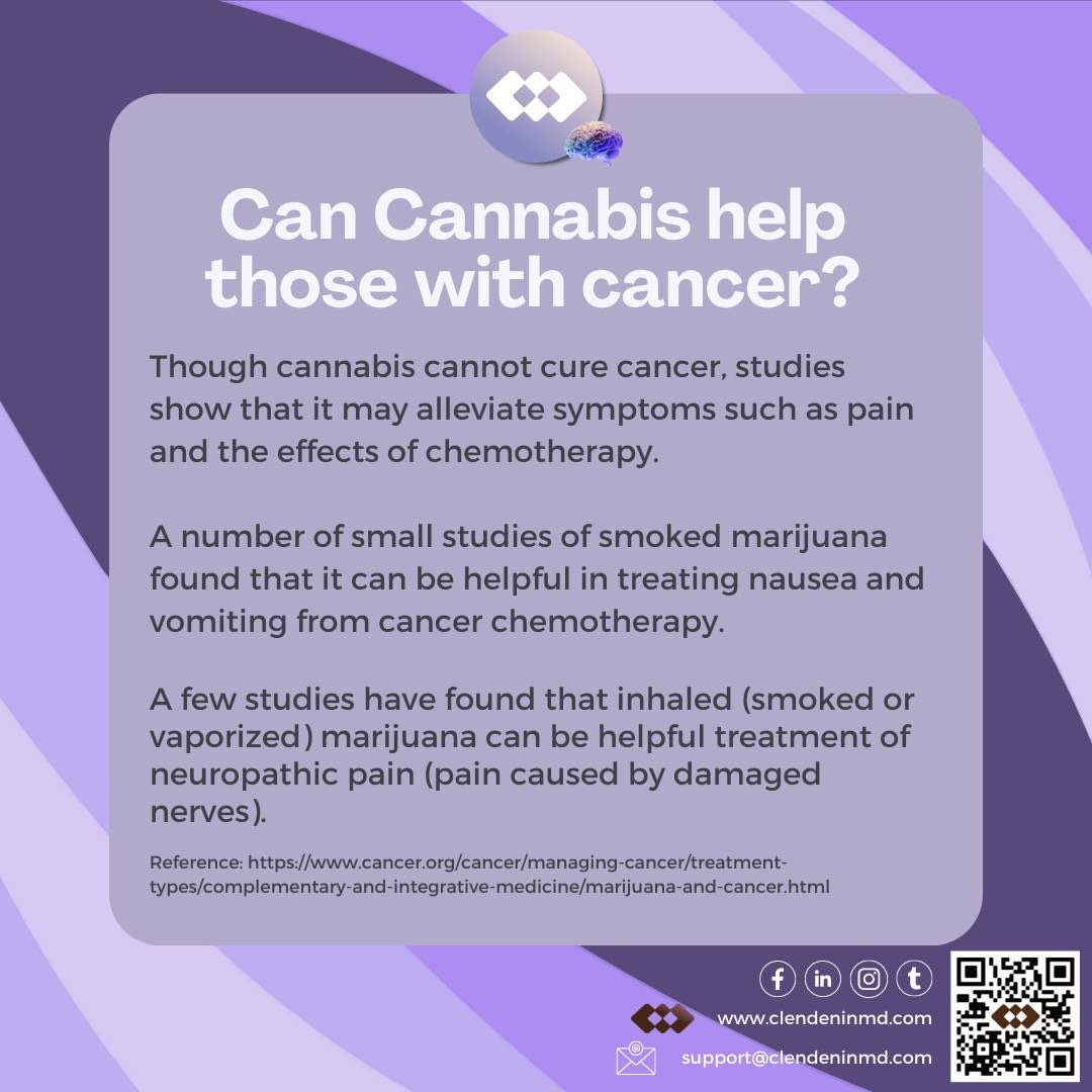 CAN CANNABIS HELP THOSE WITH CANCER? 

LEARN MORE FROM US ABOUT IT.

Telephone receiver:  (737) 510 4500
Email: support@clendeninmd.com
Website: clendeninmd.setmore.com

#adderall #Suboxone #semaglutide #Ozempic #Wegovy #weightloss