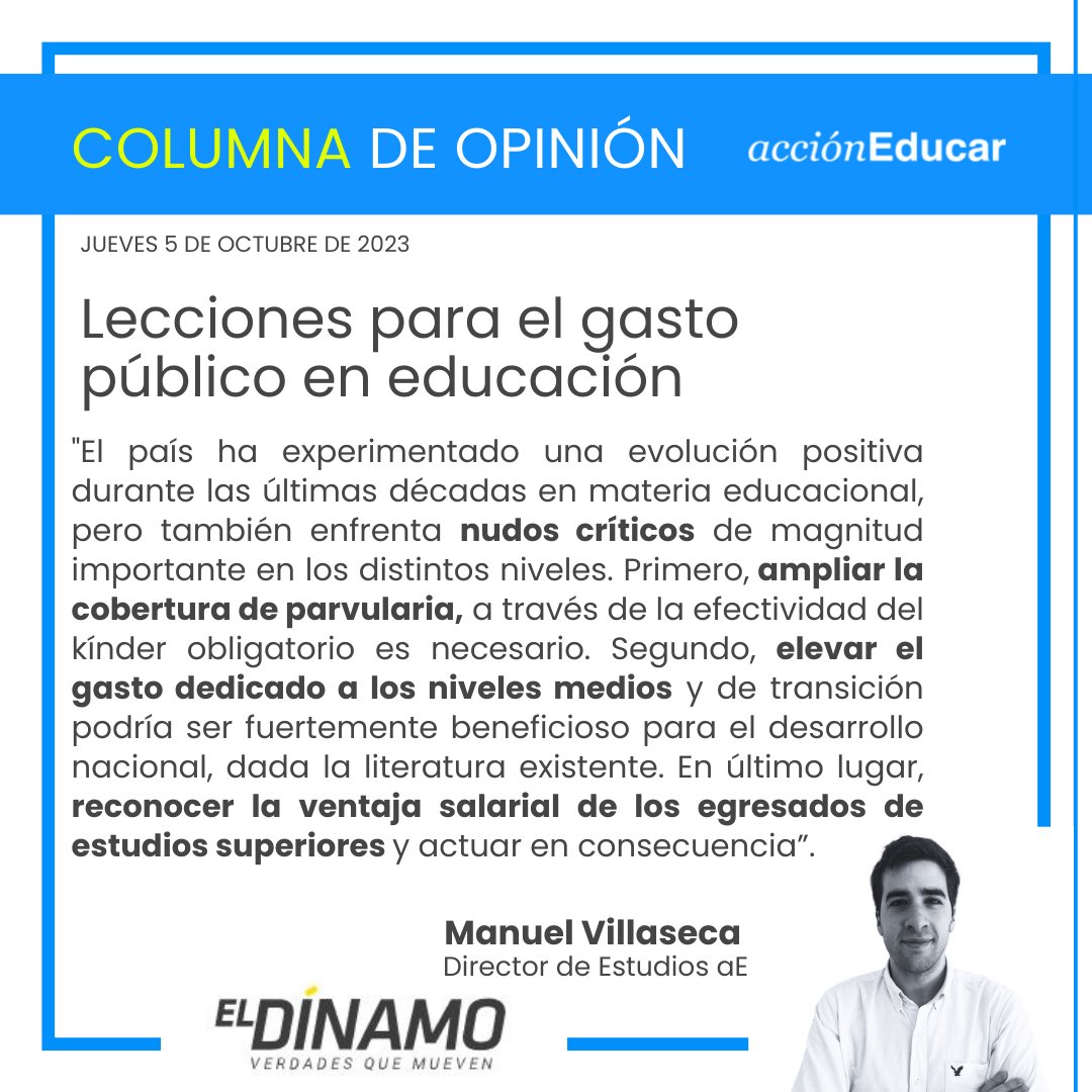 AccionEducar's tweet photo. ✍️Lecciones para el gasto público en educación 

"El país ha experimentado una evolución positiva en materia educacional, pero también enfrenta nudos críticas de magnitud importante en los distintos niveles", plantea @mavillaseca en @el_dinamo 

https://t.co/n8DG83IMCz https://t.co/p3pNhghKRD