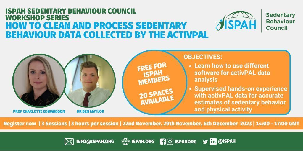 🚨 5 spots remaining for the SBC Workshop Series on activPAL! 🚨 

📅 Nov. 22nd |14:00-17:00 GMT
📅 Nov. 29th | 14:00-17:00 GMT 
📅 Dec. 6th |14:00-17:00 GMT 

✅  This workshop series is only available to ISPAH members. 

👉 Register TODAY🔗: buff.ly/3PCGRmI