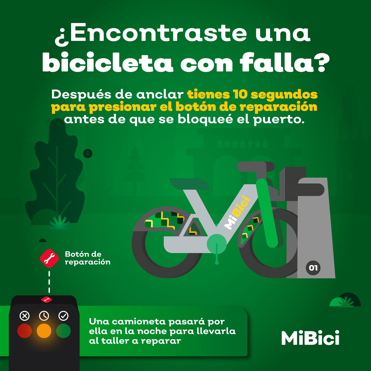 Cuando presionas este botón ayudas a otros usuarios a no intentar sacar esta bici e informas al sistema que requiere reparación 🚫 Entre todos movemos #MiBici en #MiMetrópoliCiclista 🚴‍♀