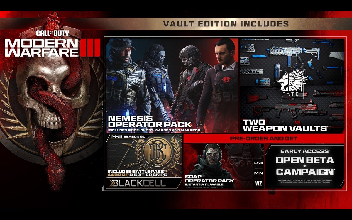 OdiosGoose9915's tweet image. Gear up with the #MW3 #VaultEdition:

Early access to #Beta + #Campaign
#CrossGenBundles
#NemesisOperatorPack (#Makarov, #Price, #Soap, and new Operator #Warden)
2 Weapon Vaults
#Season01 #BlackCell