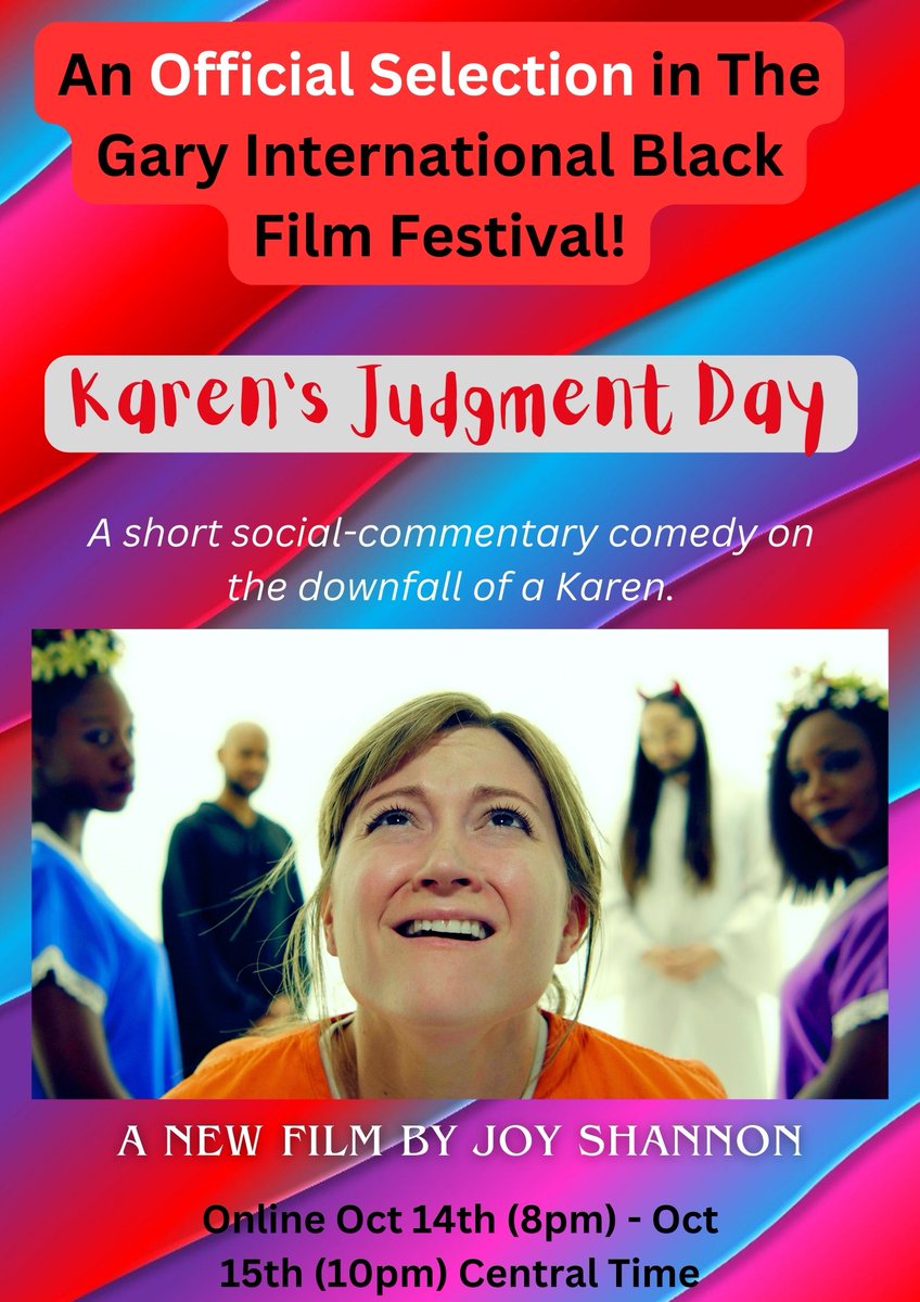 OMG!  I'm an OFFICAL SELECTION in The Gary International Black Film Fest!  See my social-commentary comedy, Karen's Judgment Day, online from 10/14 (8pm) - 10/15 (10pm) in the group: It's a Midwest Thing: Narratives/8pm." Please show support!
garyblackfilmfest.eventive.org/schedule/6511a…