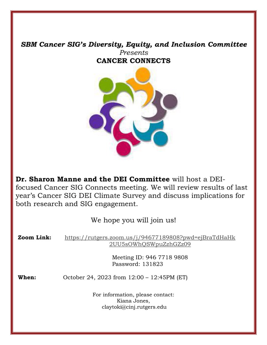 sharonlyn7789's tweet photo. Join the Health Equity Committee of the Cancer SIG to discuss our Climate Survey in 10-24 ⁦⁦@SBMCancerSIG⁩ ⁦@doc_slanger⁩ https://t.co/w4QhemjlIv