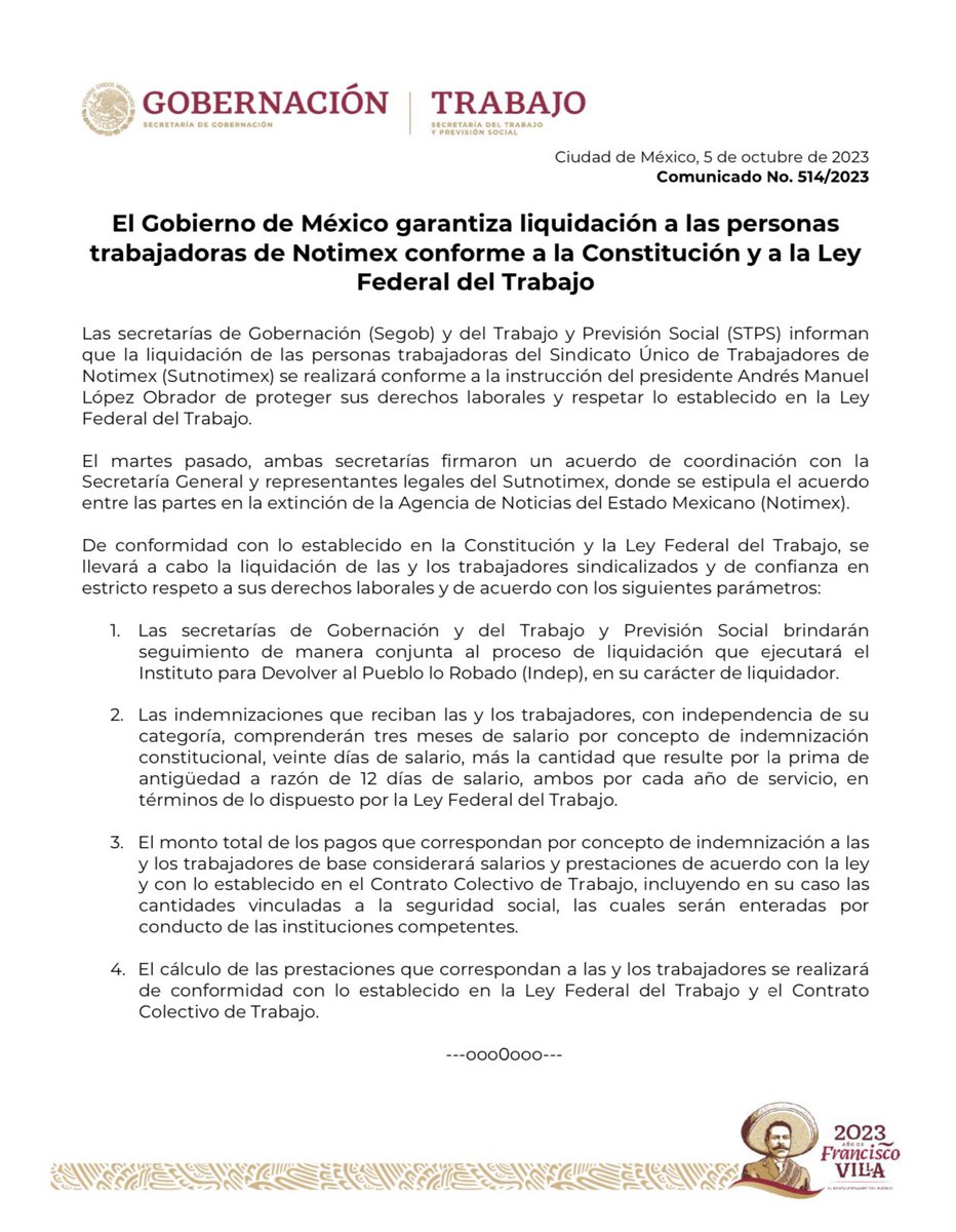 LuisaAlcalde's tweet photo. Como instruyó el Presidente @lopezobrador_ esta mañana, la @SEGOB_mx y @STPS_mx informamos sobre el acuerdo alcanzado con el Sindicato Único de Notimex respecto a garantizar liquidaciones conforme a la Ley Federal del Trabajo y al Contrato Colectivo👇🏼 https://t.co/WGhLXH2hkQ