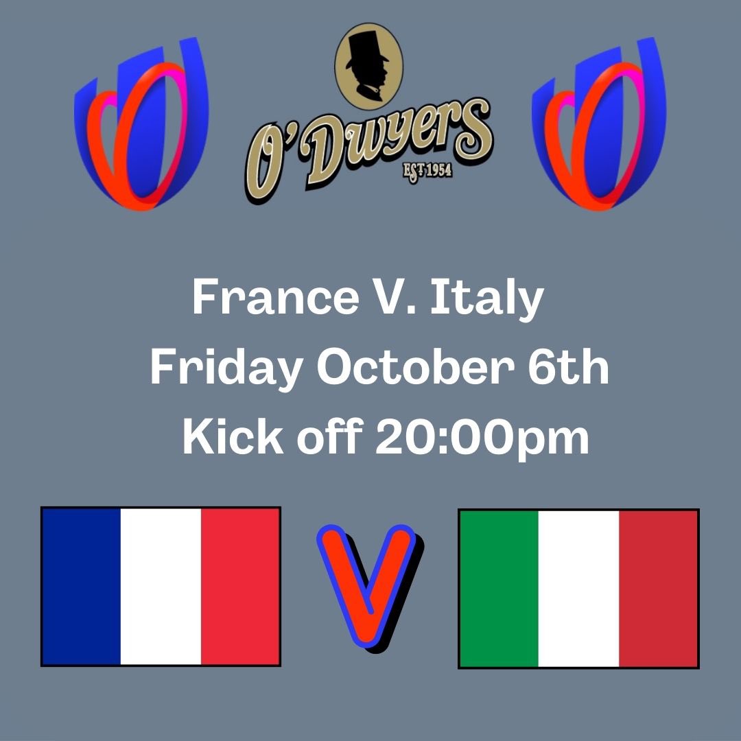 🏉 Rugby World Cup at O’Dwyers! 🏉 Watch the matches live at O’Dwyers! 🏉 France 🇫🇷 V. Italy 🇮🇹 - 8pm. Don’t miss the action! 🏉 Catch all Rugby World Cup fixtures live at O’Dwyers Kilmacud! 😃 #rwc #rugbyworldcup2023 #RugbyWorldCup #restaurant #gastropub #stillorgan #dublin