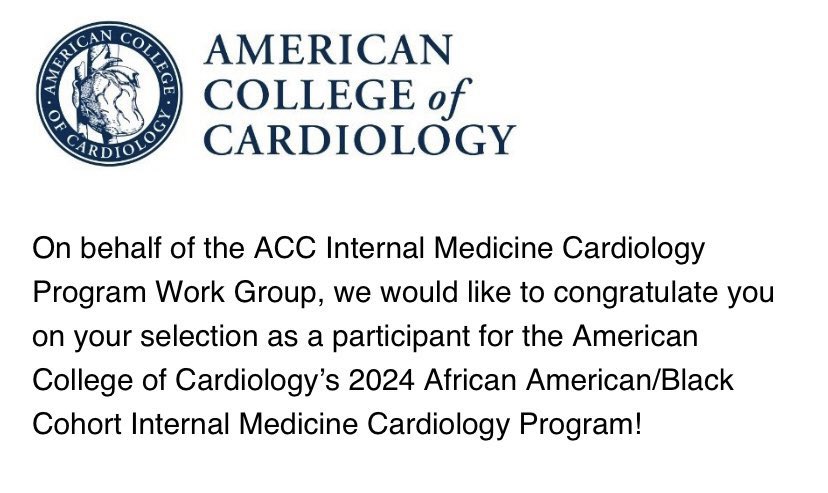 Thrilled to have been selected to be a part of the @ACCinTouch's 2024 African American/Black Cohort Internal Medicine Cardiology Program! Looking forward to connecting with peers & mentors in Cardiology! 🫀
#ACCDiversity #TheFaceofCardiology