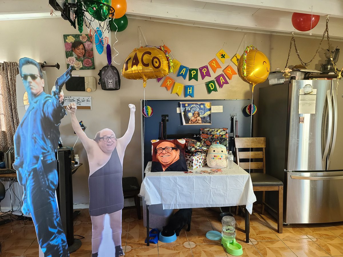 KicknScrmgLF's tweet photo. My sons wish for his birthday was a  @DannyDeVito 16th birthday. I think we did a good job! With a guest appearance by @Schwarzenegger https://t.co/aG03f2S6k9