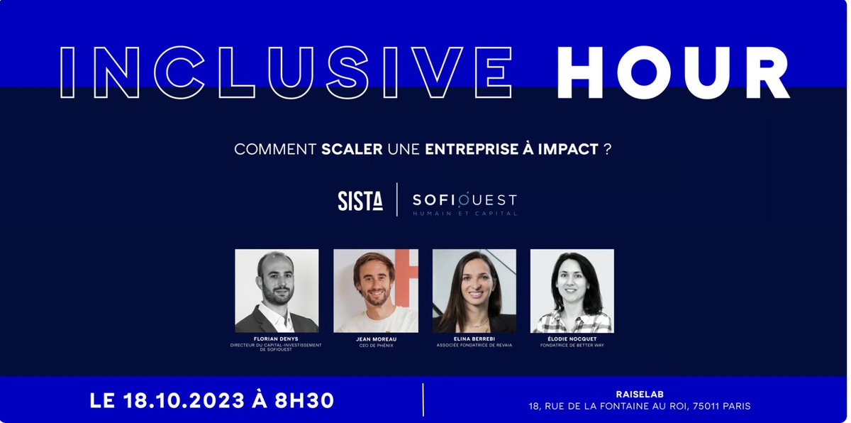 🚀 Joignez-vous à l'Inclusive Hour SISTA X @sofiouest ! 🔥 Comment booster une entreprise à impact ?

Des experts partageront leurs conseils le 18 octobre à Paris. Inscrivez-vous dès maintenant !

👉lu.ma/eupzaj7o

#InclusiveHour #impact #entrepreneuriat #ESG