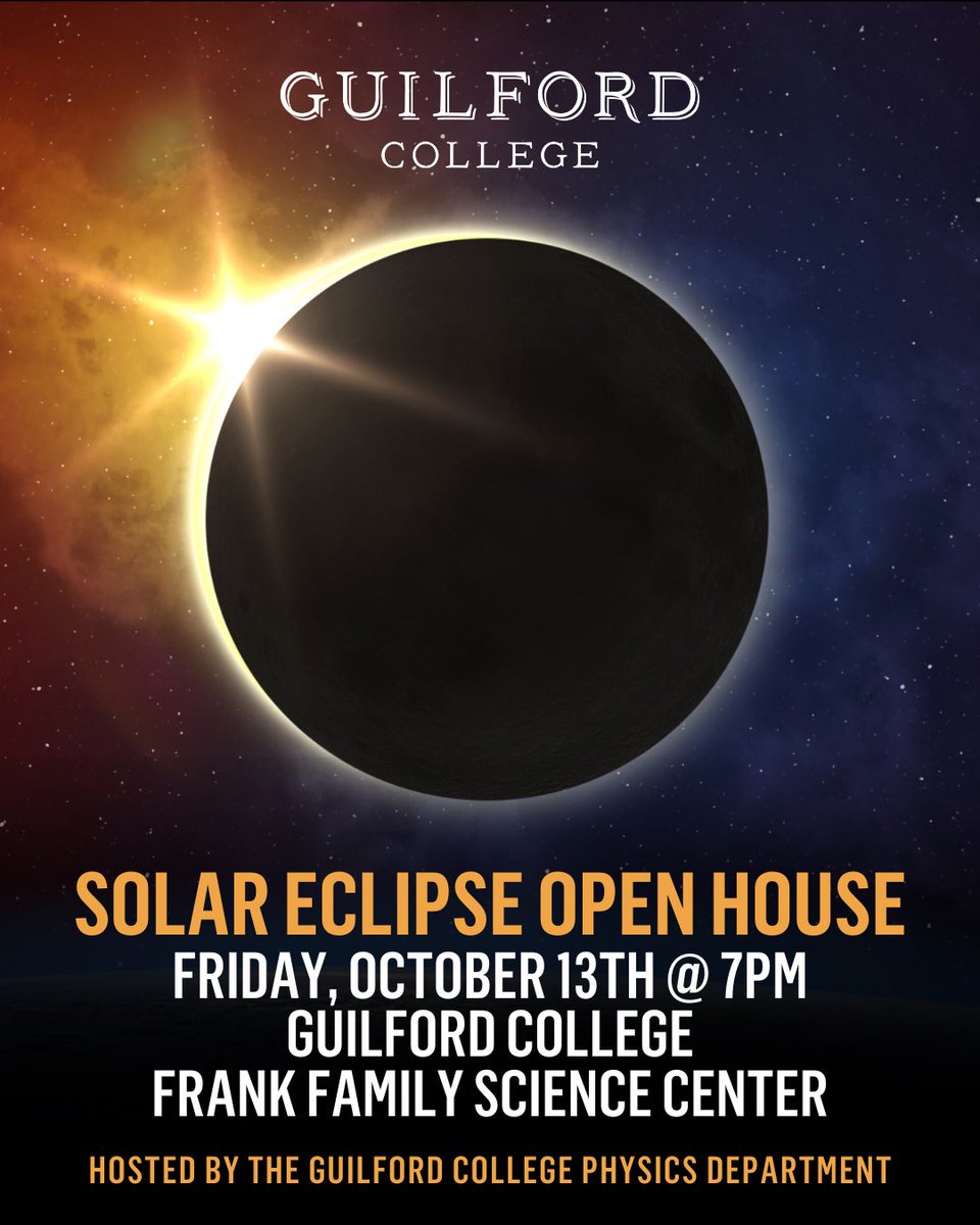 GuilfordCollege's tweet image. Join us on Oct 14 for a special celestial event! The Physics Dept at Guilford College is hosting an open house with lectures, planetarium shows, and telescope viewing. Don&apos;t miss this chance to witness the Moon partially covering the Sun! #GuilfordCollege #EclipseEvent