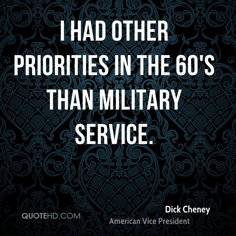 @wordsofveterans -

#SpreadTheWord 

Chicken-hawk Cheney is NOT a Veteran.
Was so unself-consciousness
about his being a 5-time draft evader
and so pronounced about it
that in 1989 he proudly told George Wilson
of the Washington Post,
“I had other priorities in the ‘60s
than military service.”

-