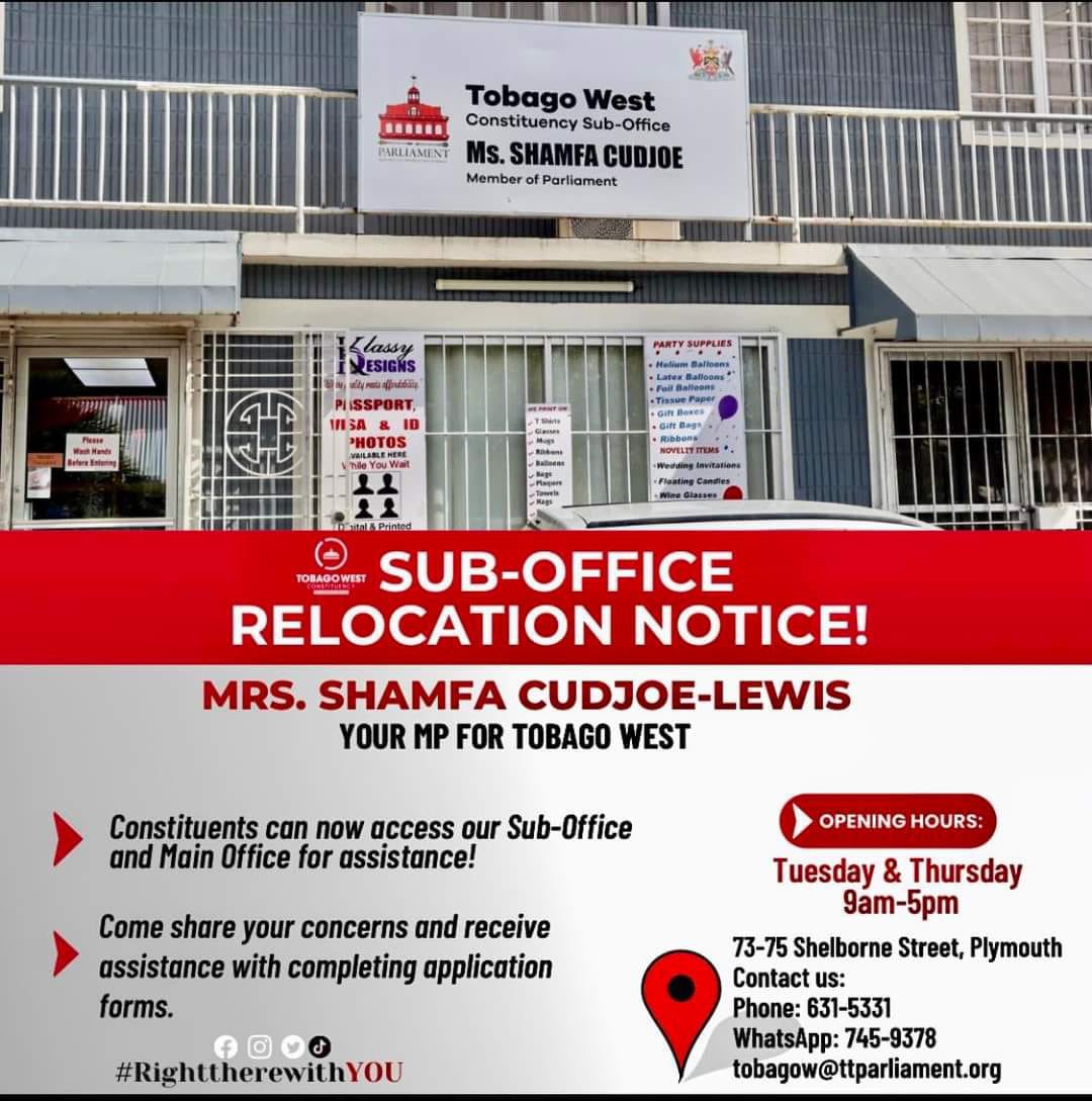pnmtobago's tweet photo. TOBAGO WEST CONSTITUENTS‼️
𝐓𝐨𝐛𝐚𝐠𝐨 𝐖𝐞𝐬𝐭 𝐂𝐨𝐧𝐬𝐭𝐢𝐭𝐮𝐞𝐧𝐜𝐲 𝐎𝐟𝐟𝐢𝐜𝐞 𝐒𝐮𝐛-𝐎𝐟𝐟𝐢𝐜𝐞 𝐡𝐚𝐬 𝐛𝐞𝐞𝐧 𝐫𝐞𝐥𝐨𝐜𝐚𝐭𝐞𝐝 𝐭𝐨 𝟕𝟑-𝟕𝟓 𝐒𝐡𝐞𝐥𝐛𝐨𝐫𝐧𝐞 𝐒𝐭𝐫𝐞𝐞𝐭, 𝐏𝐥𝐲𝐦𝐨𝐮𝐭𝐡 𝐓𝐨𝐛𝐚𝐠𝐨. 
Opening Hours for the Sub-Office are as follows: https://t.co/CAzerHne4O