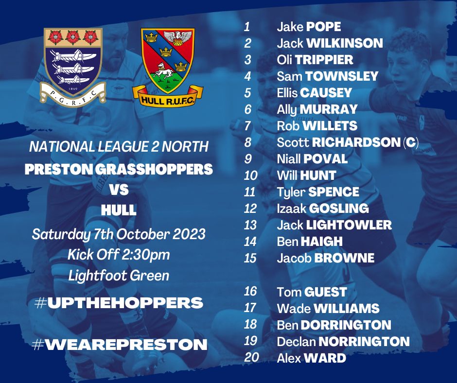 Here's the Hoppers team to take on Hull this Saturday in National League 2 North. Kick off is 2:30pm at Lightfoot Green and we look set for same late Autumn sunshine!

#UpTheHoppers #WeArePreston #Nat2N