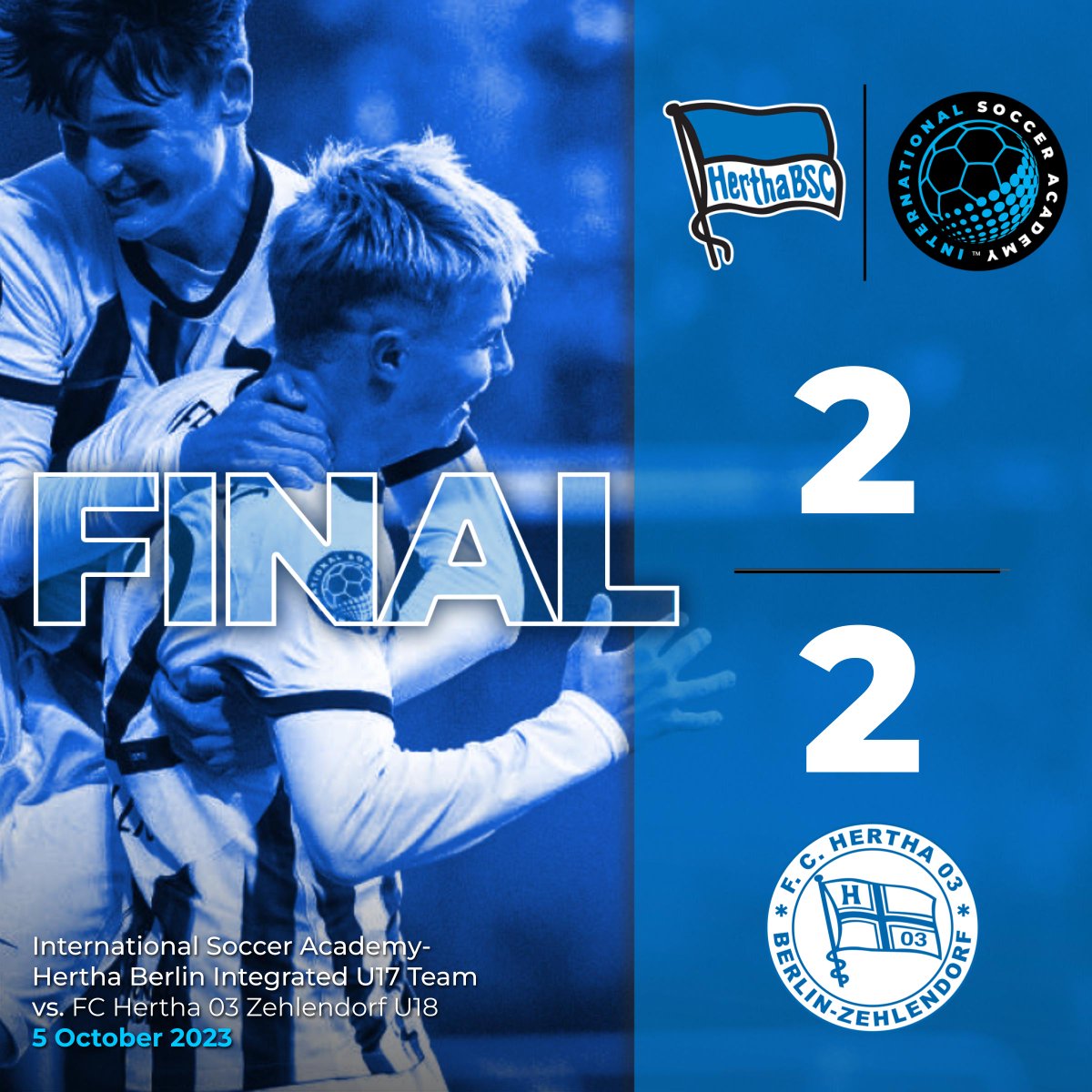 IntSoccerAcad's tweet photo. Congratulations to Hertha BSC Integrated Academy U17s for their match against FC Hertha 03 Zehlendorf U18 -- our American players tied the older team and we ar proud of them. #HerthaBSC #YouthSoccer #PlayHappy #Goals #TeamWork https://t.co/ZeXihm1S6u