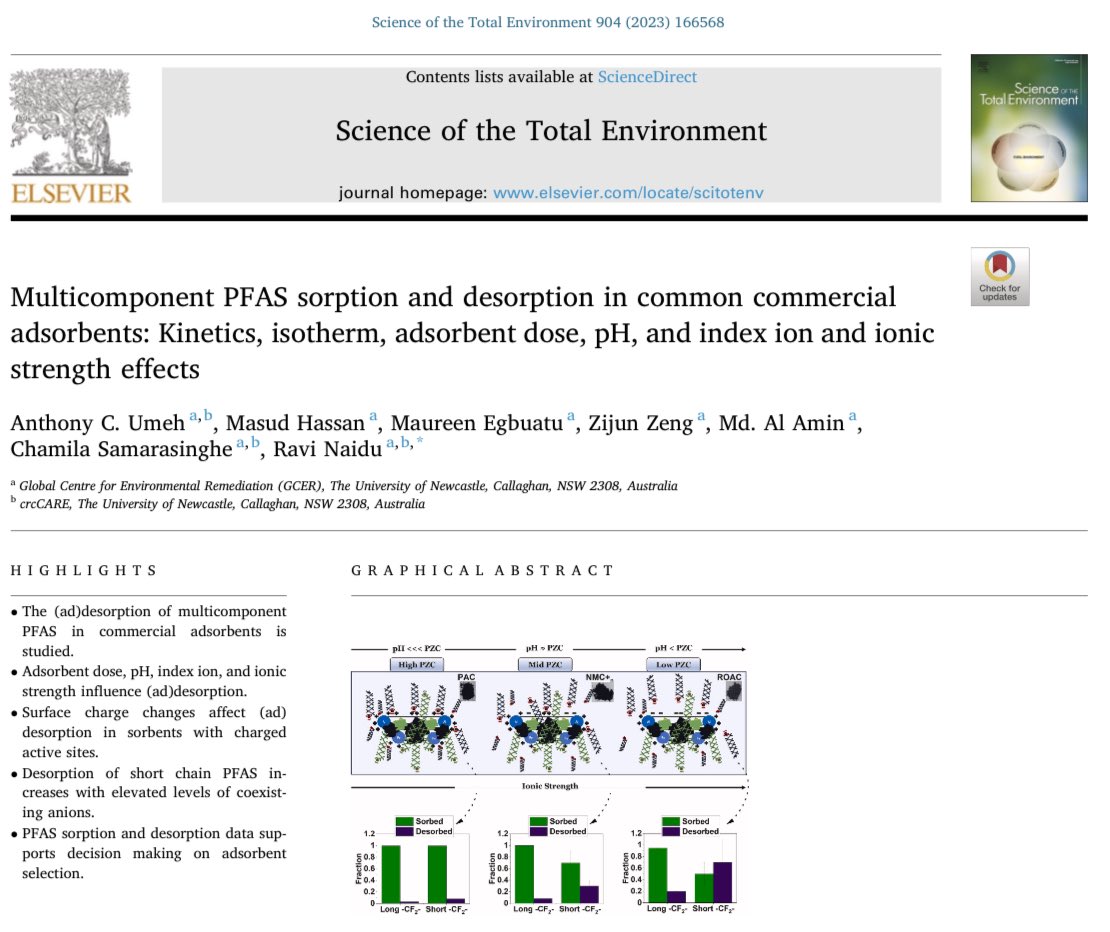 Anthony_Umeh's tweet photo. NEW #PAPER ALERT!

We investigated the sorption &amp; #DESORPTION of 9 #PFAS in activated carbon, organoclay, &amp; carbonaceous composites, plus Dose, pH, &amp; groundwater ionic composition/strength effects.

https://t.co/eUXCMpKato

@STOTEN_journal 
@UON_research @Uni_Newcastle @crcCARE https://t.co/NiRWBkDn51