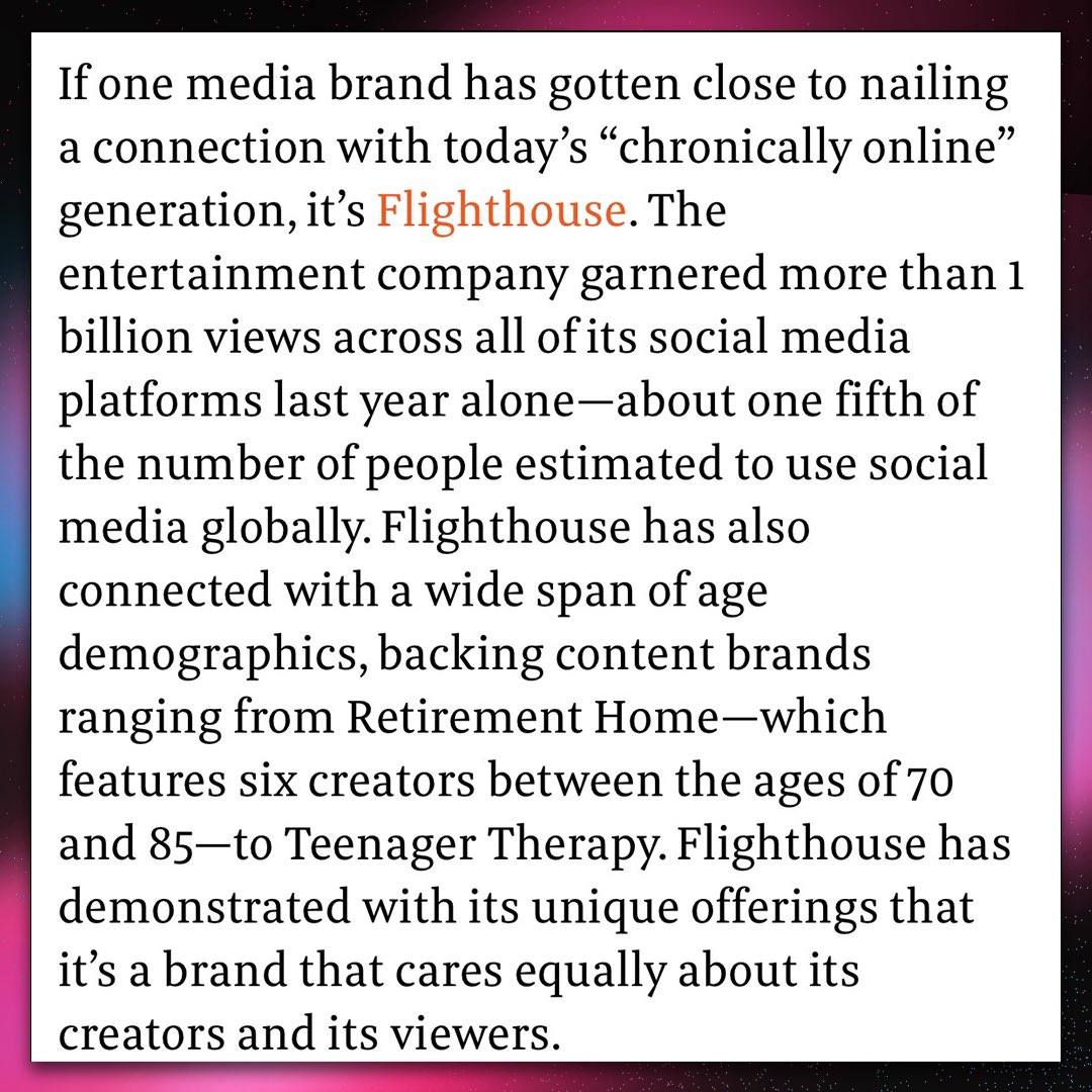 Thank you <a href="/FastCompany/">Fast Company</a> for honoring our <a href="/flighthouse/">Flighthouse</a> family. 

The Flighthouse team is leading the pack in setting trends and connecting with different audiences.