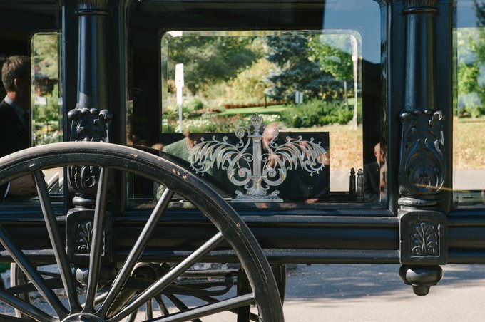 A close-up shot of a 19th century hearse.
