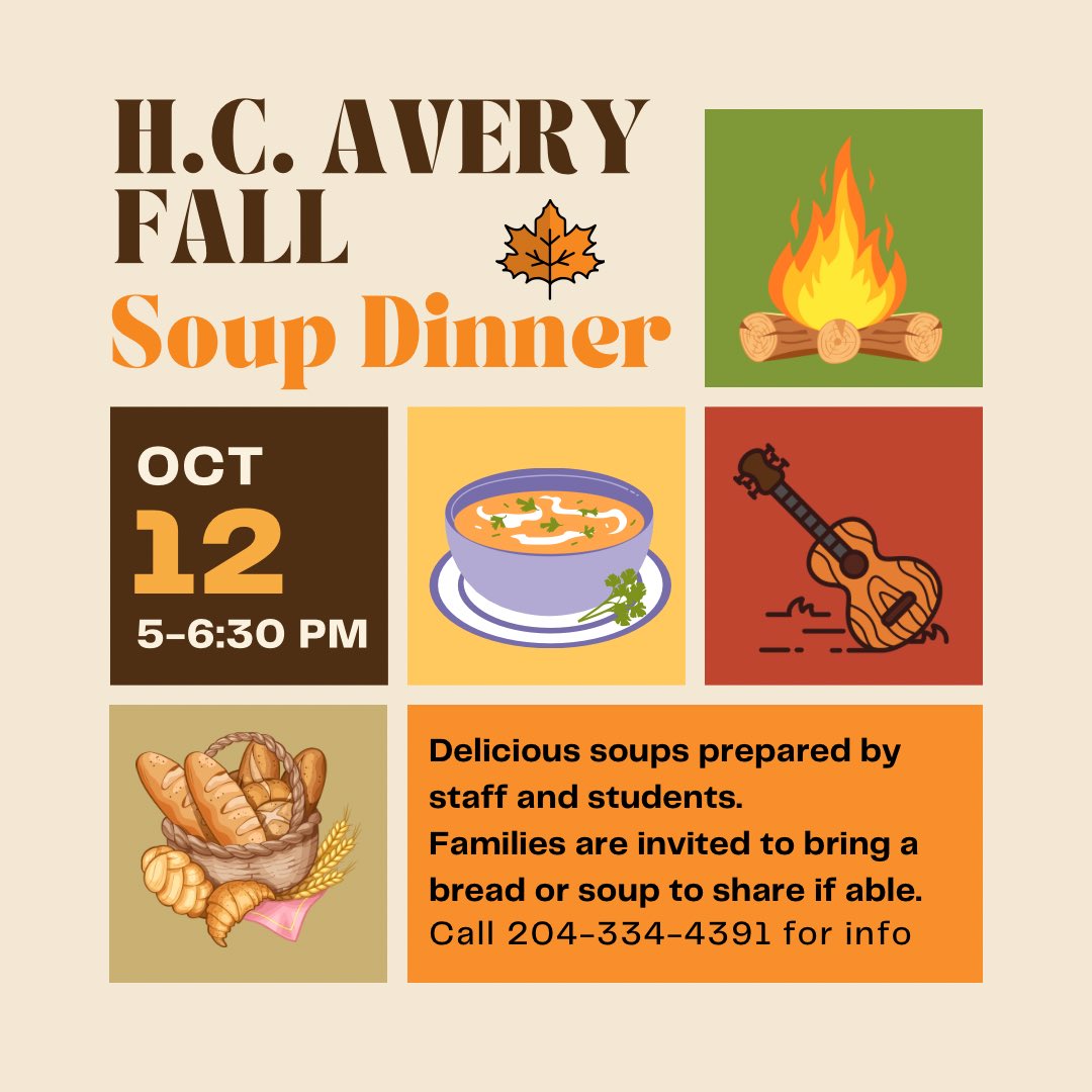 Join us on Oct 12, 5-6:30 p.m. in the Avery School Gym. Savour delicious soups prepared by our staff and students. 🍲 Bring along your favorite breads and enjoy a cozy fire in our back field. 🔥
Let’s come together, share stories, and make this school year memorable! ✨