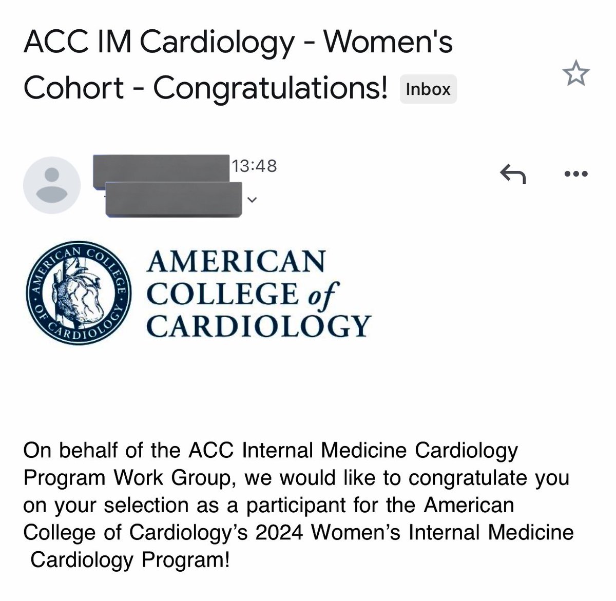 So thrilled to be accepted on the ACC IM Cardiology program! 🫀 excited for what’s coming! Thank you @ACCinTouch