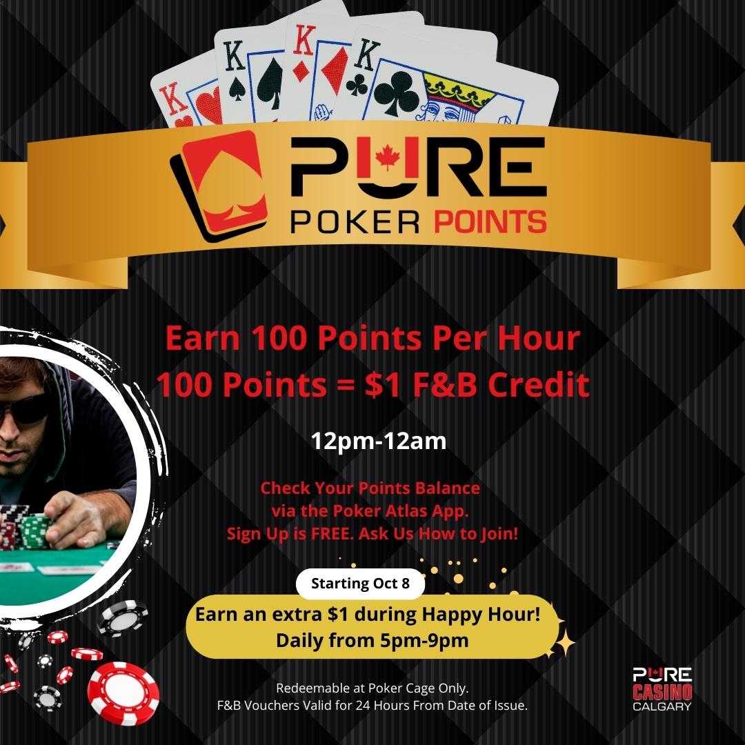 PureYYCPoker's tweet photo. we will be offering another $1/hr between the hours of 5pm - 9pm everyday.  So earn $2/hr towards food and non-alcohol beverages during this time.  Come down and enjoy, this promotion will not last long.  @PureYYCPoker https://t.co/wY9FaKp7EI