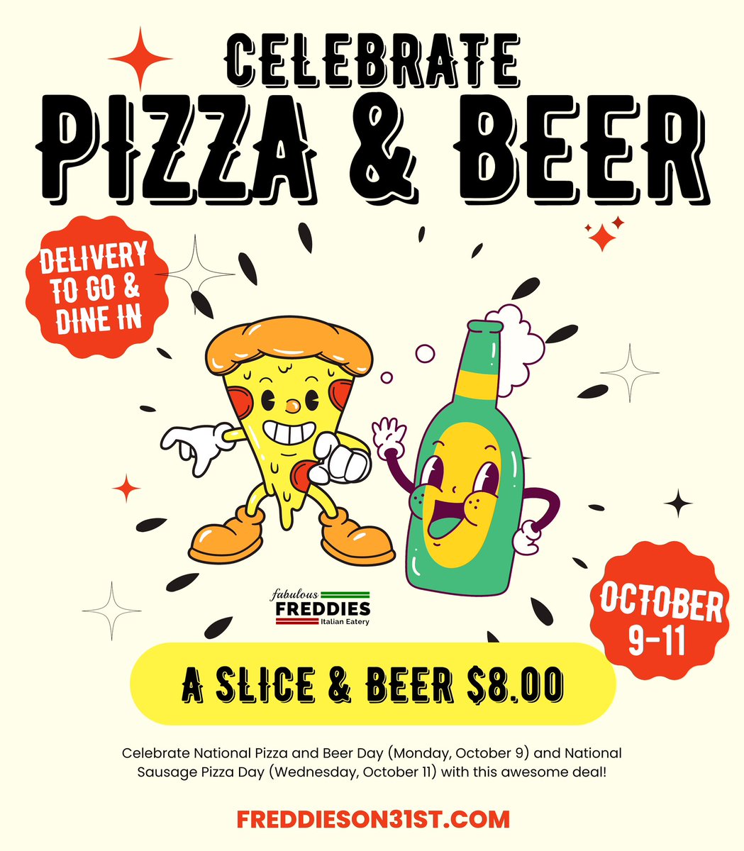 celebrate #PizzaAndBeer Monday-Wednesday next week for #NationalPizzaandBeerDay and #NationalSausagePizzaDay 🍕🍕🍺 #chicagopizza #chicagostylegrub #pizzaofbridgeport #freddieson31st