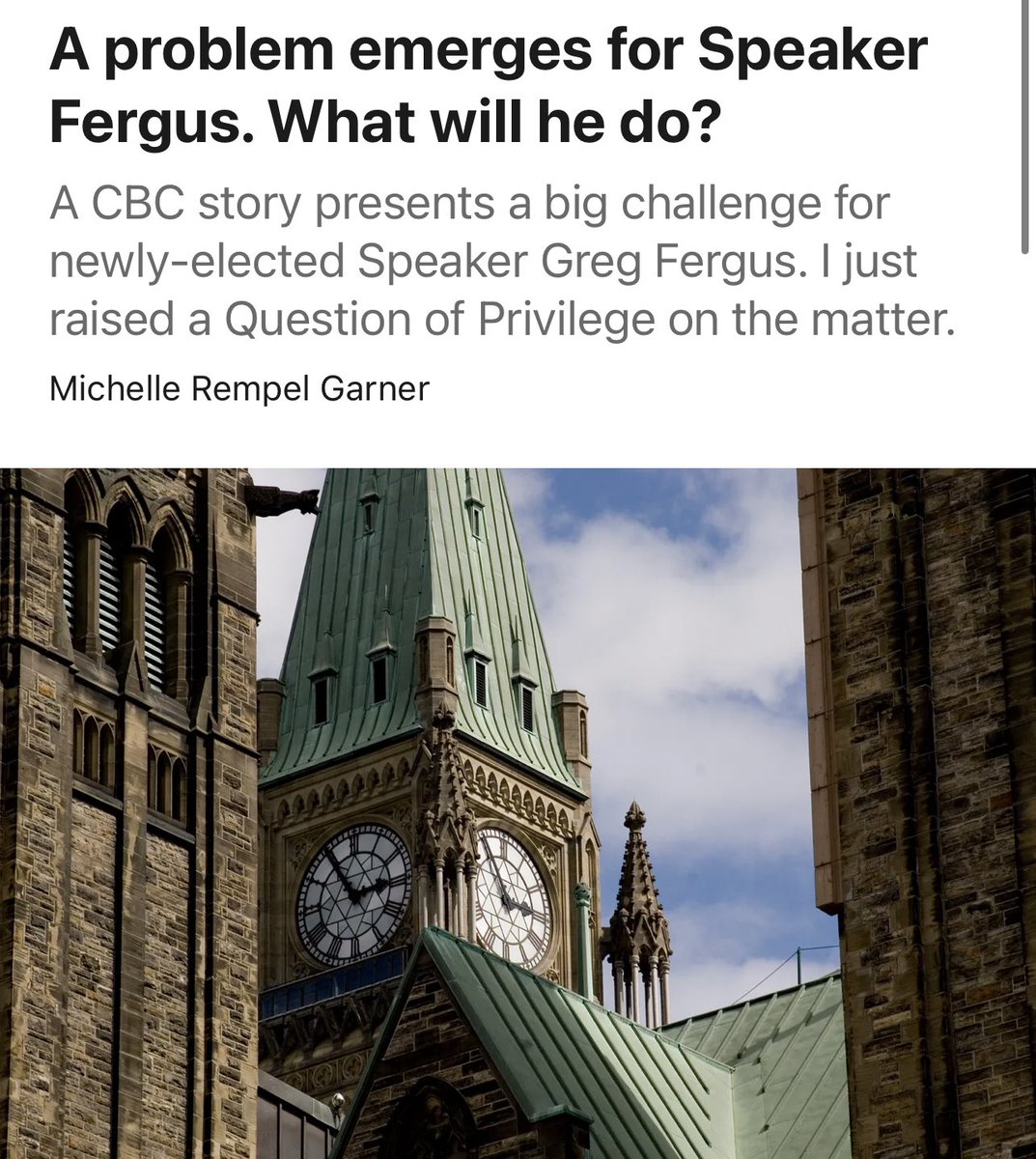Can a Speaker rule on a potential breach of the rules that he signed off on in a previous government role? 

Less than two days into his job, the new Speaker has a big problem, and it's without precedent.

My latest: 31.michellerempelgarner.ca
