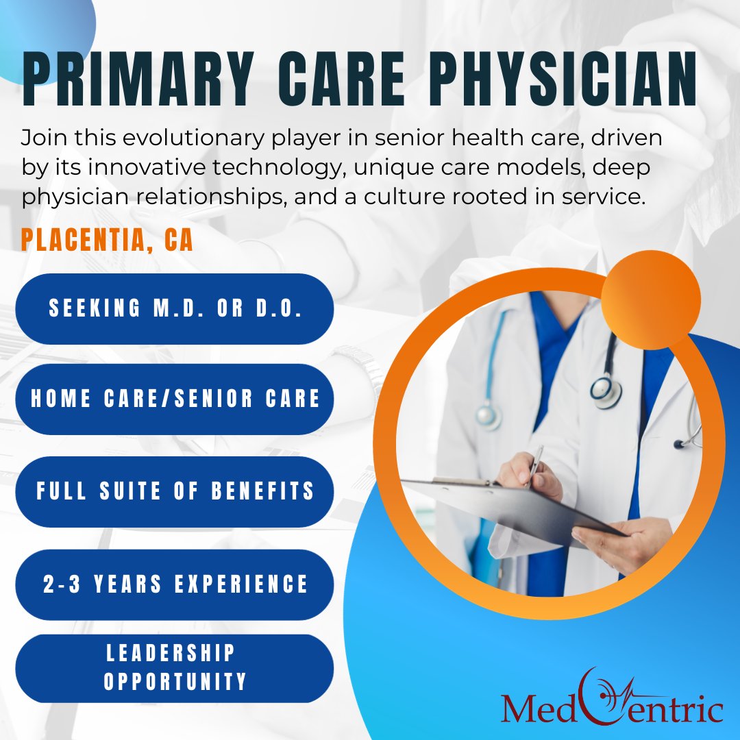 We are seeking a Primary Care Physician in Placentia, California! Come be a part of an amazing team serving seniors in a role where passion meets purpose!
jobs.crelate.com/portal/medcent…

#medcentric #californiajobs #doctorjobs #seniorcare #primarycarephysician #homecare #LAjobs