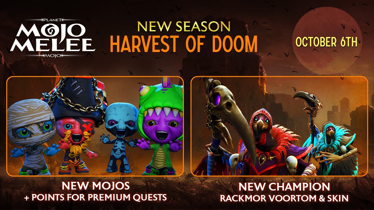 👀 Feast your eyes, Warriors! A storm is brewing in the new season: 🌾Harvest of Doom🌾! Get ready for a season packed with endless excitement. See image for deets! 🎃🔥 #MojoMelee #HarvestofDoom