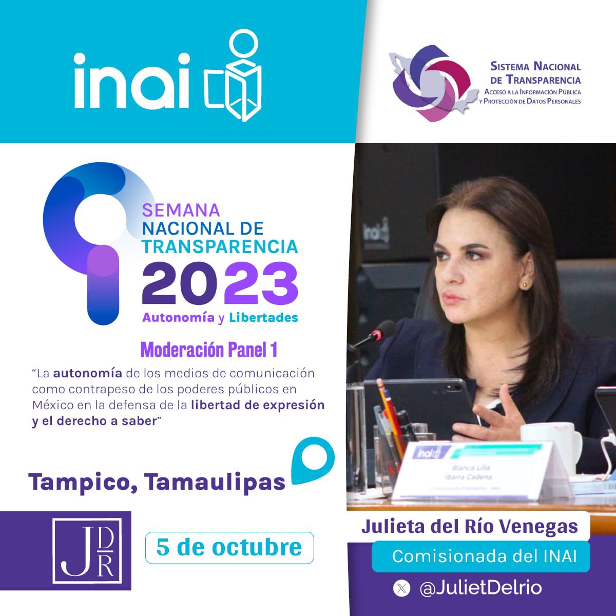 JulietDelrio's tweet photo. #SNT23 #AutonomíayLibertades
Modero el Panel 1 desde #Tampico, analizamos el papel de periodistas y medios de comunicación en el desarrollo de las libertades.

Participan:
@carmenmoranb 🖊
@yohaliresendiz 🖊
@ChavaRomero 🔓
@Hector_Trejo1 🖊

#EnVivo x @INAImexico https://t.co/hqTj32G0Uc