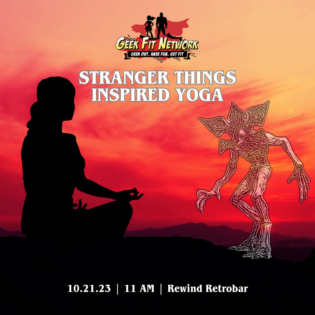 geekfitnetwork's tweet image. Join us for a spine-tingling yoga class!🧘‍♀️👻 Dive into the world of Stranger Things with our rockin&apos; Upside Down Flow. 🎸 Expect 80s vibes, headbanging and MMA-infused poses. Get ready to summon your inner Demogorgon!  #NamasteUpsideDown