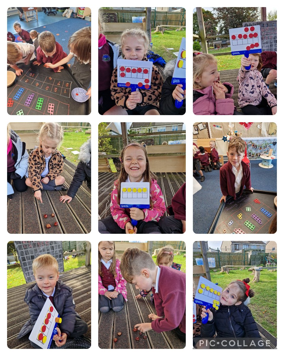 We enjoyed exploring Numicon and tens frames for patterns to 10 plus some adding with conkers. For the p sound we painted a pumpkin pink/purple (after some colour mixing), pushed pegs into it and made the letter p and a p word (!) out of pasta. #phonics #numeracy #play @DrakiesPS