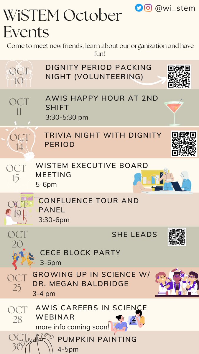 🗓️Happy October! Very happy to share WiSTEM events for this month! Come join us and meet new friends, learn about us, and have lots of fun!