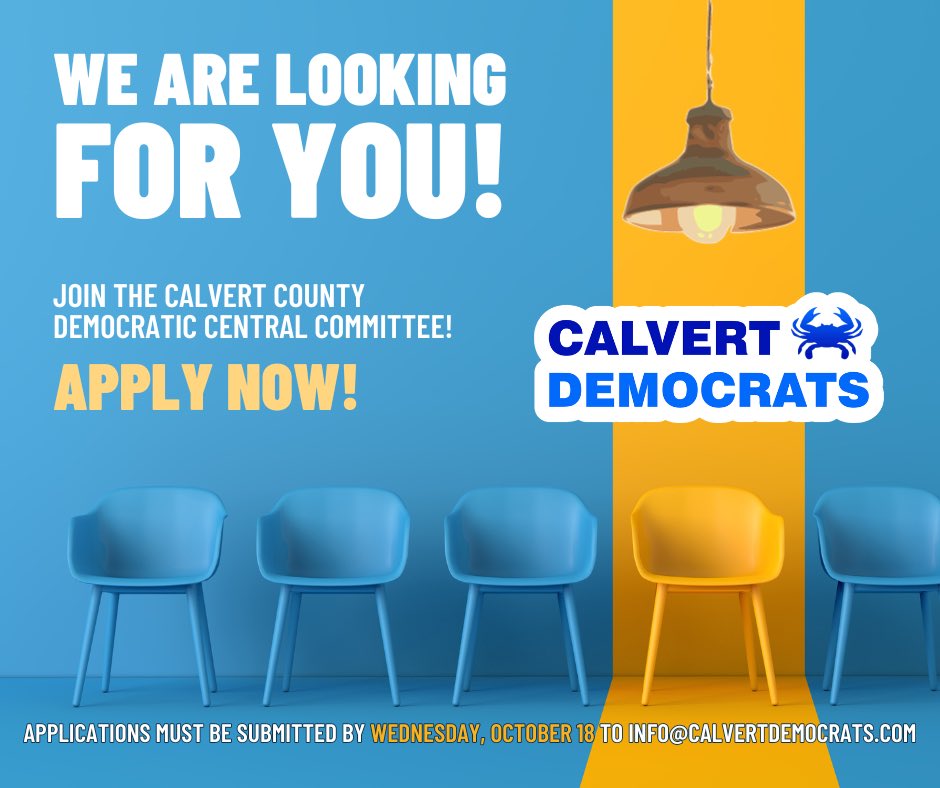 CalvertDemocrat's tweet photo. The Calvert County Democratic Central Committee is now accepting applications to fill a vacancy on the CCDCC. Apply by Oct 18. For information including how to apply, please visit https://t.co/cxIAzcSbQG https://t.co/j0dy1YkHBF